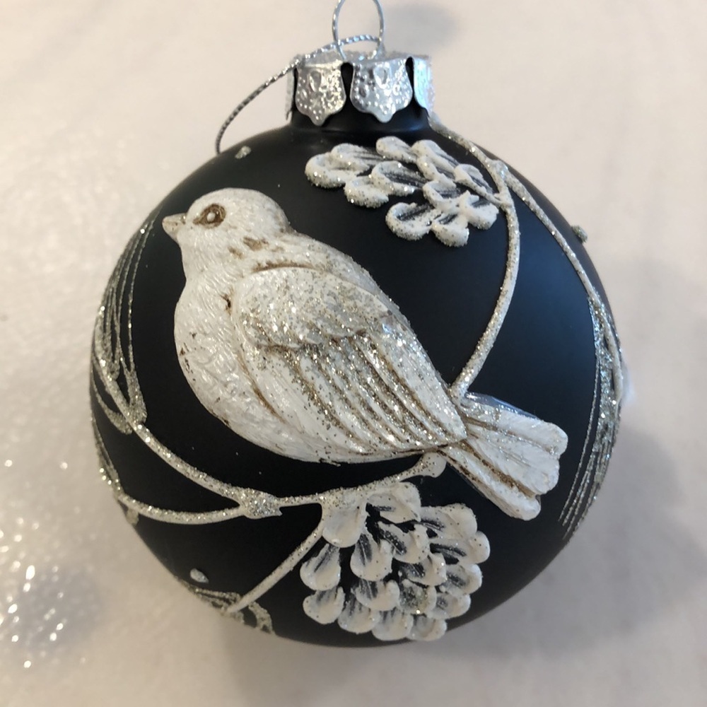 Barnes and noble black  white glitter cardinal bird glass Christmas ornament NIB